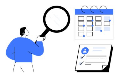 Kişi takvimin yanında büyüteç tutuyor ve tamamlanmış belgeyi kontrol listesiyle birlikte tutuyor. Görev planlama, zamanlama, hedef izleme, veri incelemesi, verimlilik, organizasyon, basit daire