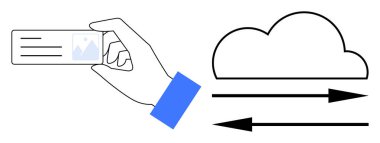 Dijital kimlik, veri transferi, bulut depolama, kimlik doğrulama, çevrimiçi erişim, güvenli takas. Oklarla dolu bir bulutun yanında kimlik kartını tutan bir el. Dijital kimlik ve veri aktarım kavramı