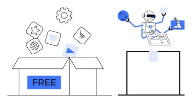 Yapay zeka, dijital araçlar, otomasyon, gelecekteki teknoloji, üretkenlik, kullanıcı dostu yenilik. Aletler ve bir kutu bedava ikon üzerinde çalışan bir robot. Yapay zeka