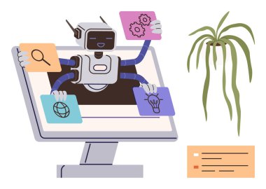 Teknoloji, yapay zeka, robot bilimi, çoklu görev, yenilik, dijital aletler. Arama simgeleri içeren bir ekrandan ortaya çıkan bir robot, fikirler küresel bağlantıyı ayarlar. Teknoloji