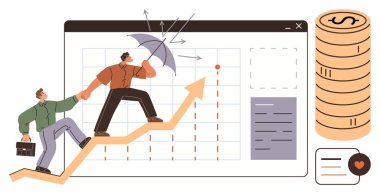 İş geliştirme, finansal güvenlik, takım çalışması, liderlik, strateji, başarı. Yükselen bir ok grafiğine bozuk paralar ve dijital grafik arka planıyla tırmanan iki kişi. İş geliştirme