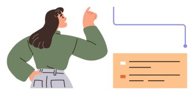 Liderlik, iletişim, karar verme, takım çalışması, eğitim, analitik. Bir kadın mesaj kutusuyla bağlantılı bir diyagramı işaret ediyor. Liderlik ve iletişim konsepti