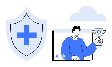 Güvenin ve güvenliğin vurgulandığı çapraz sembollü bir kalkan elinde kupa tutan bir bilgisayar ekranının yanında. Çevrimiçi güvenlik, siber güvenlik, başarılar, güven oluşturma, ödüller için ideal