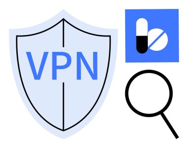 VPN mesajlı kalkan, ilaç hapları ve büyüteç. Siber güvenlik, sağlık araştırmaları, veri koruması, çevrimiçi mahremiyet, teletıp bilgi güvenliği ve analiz için ideal. Basit düz
