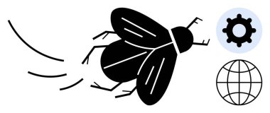 Teknoloji ve doğa teması. Kara sinek, biyolojik ve teknolojik fikirleri birleştiren ekipman ve küresel bağlantı simgeleriyle eşleştirildi. Böcekleri bağlayan teknoloji, yenilik ve bağlantı. Bilim için.