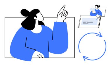 Uzaktan öğrenme konsepti. Bilgisayarı ve dijital teknolojiyi kullanan bir kadınla uzaktan öğrenme. Uzaktan öğrenme sanal iletişim, bilgi paylaşımı, uzaklık eğitimi, takım çalışması