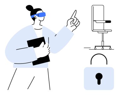 Sanal gerçeklik, ofis güvenliği, işyeri teknolojisi, dijital yenilik, veri koruması, online mahremiyet. VR kulaklık takan biri. Sanal gerçeklik ve ofis güvenliği kavramı