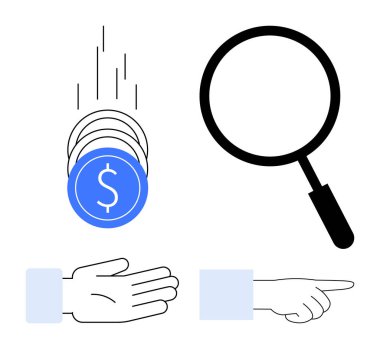 Finansal konsept. Düşen madeni paralar ya da yatırımlar. Büyüteç analizi ya da mali inceleme. El hareketleri mali yönetim ve eylemi gösteriyor. Bankacılık ve yatırım için