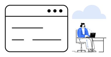 Bulut hesaplama. Bulut hesaplama konsepti, bir kadının bulut tabanlı bir iş birliğiyle uzaktan bilgisayarla çalıştığını gösteriyor. Bulut hizmetleri iletişimi ve bağlantıyı sağlar. Teknoloji için, uzak