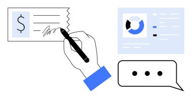 Finansal işlemler. Bir el çek bankacılığı ve ödemeler üzerine yazıyor. Çizelge üzerinden veri analizi. Para yönetimi, fintech, iletişim, iş görevleri, dijital