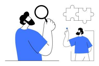 Problem çözme, araştırma, analiz, çözümler, karar verme, eleştirel düşünme. Bir erkek figürü bir büyüteç ve bir yapboz parçası tutuyor. Sorun çözme ve araştırma kavramları