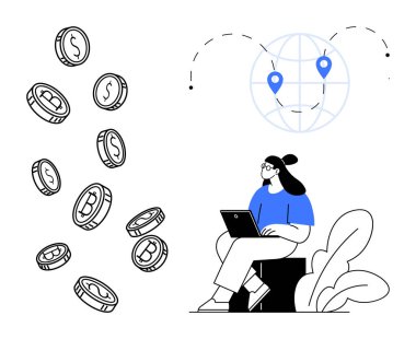 Kripto para birimi konsepti. Kripto para birimleri düşen paralar, yer işaretleyicili küresel harita ve dizüstü bilgisayar kullanan bir kişi tarafından gösteriliyor. Fintech, engelleme zinciri, yatırım, ödemeler için kripto para birimi