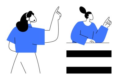 Tezgahta bir diğerinin yanına doğru hareket eden kulaklıklı kişi, işbirliğini, tartışmayı, iletişimi, takım çalışmasını, eşitliği, hizmet etkileşiminin ortak hedeflerini işaret ediyor. Kalın