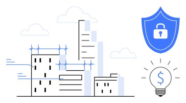 Kentsel gelişim, akıllı şehirler, finansal planlama, teknoloji koruması, siber güvenlik, güvenli yatırımlar. Binalar ve kilit ve dolar ampule sahip bir kalkan. Akıllı şehirler ve teknoloji