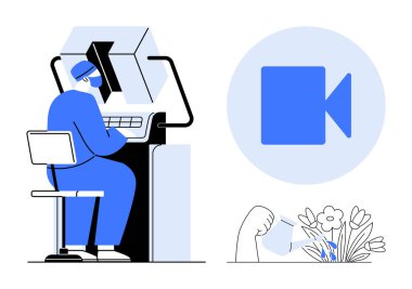 Dijital öğrenme, uzaktan çalışma, doğa koruma, yaratıcı yenilik, çevrimiçi etkileşim ve geleceksel tasarım. Bilgisayar ve video arama ikonu üzerinde çalışan kişi. Uzak çalışma ve dijital