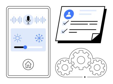Ses kontrollü akıllı ev uygulaması ayarları, kontrol listesi ve dişli simgeleri ile. Ev otomasyonu, IoT, görev yönetimi, teknoloji, verimlilik yeniliği ve verimlilik için ideal. Basit düz
