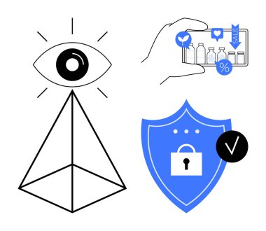 Veri gizliliği kavramı. Veri gizliliği bir kalkan, bir göz farkındalığı ve çevrimiçi alışveriş unsurlarıyla resmedilir. Veri gizliliği kişisel ve ticari bilgileri korur. E-ticaret için.