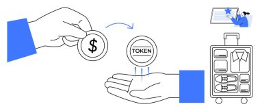 Dijital işlemler, sahte ödemeler, bagaj taşıma, seyahat sistemleri, sanal para birimi, kimlik doğrulaması. Bir el, bavulun yakınındaki bir jetonla bir dolar bozduruyor. Dijital aktarımlar