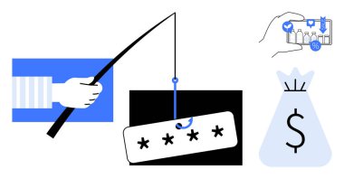 Elle tutulan olta yemi parolası, finansal çanta ikonu ve veri analizi görselleri. Siber güvenlik, veri koruması, dolandırıcılığı önleme, çevrimiçi güvenlik, finansal güvenlik ve dolandırıcılık için ideal