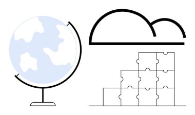 Küresel bağlantı kavramı. Küre, bulut ve bulmaca sembolleri küresel işbirliği, yenilik ve sorun çözme konularını vurguluyor. Takım çalışması, eğitim, iş ve teknoloji için küresel bağlantılar