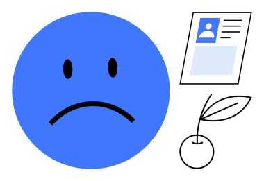 Kimlik tasarımı. Üzgün yüz, dijital kullanıcı profili ve kirazlı grafik kimlik, duygular ve sembolizm. İletişim, damgalama ve medya için kullanılan kimlik bilgileri. IT duyguları için uygundur