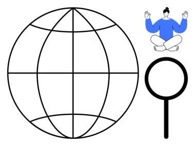 Dijital arama, farkındalık, küresel kavramlar, odaklanma, keşif ve öz farkındalık. Küre, büyüteç ve meditasyon yapan biri. Küresel bağlantı ve farkındalık sembolü