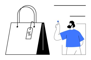 E-ticaret, perakende satış, indirim teklifleri, kullanıcı etkileşimi, online alışveriş, dijital alım. Minimalist bir alışveriş çantası, yüzde yüz etiketli ve işaret eden bir adam. E-ticaret ve perakende