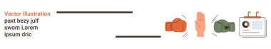 Çatışma çözümü, takım çalışması yönetimi, anlaşmazlık çözümü, karar verme, müzakere, zaman yönetimi. Boks eldivenleri, kaldırılmış bir el ve bir takvim. Çakışma çözümü