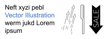 Pazarlama, büyüme, yön, reklam, iş stratejileri, satış trendleri. Satış metniyle kara ok, yukarı doğru oklar ve çizgi halinde sanat öğeleri. Pazarlama ve iş stratejileri fikri