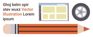 Eğitim, tasarım, teknoloji, yaratıcılık, yenilik, dijital araçlar. Bir vektör düzeninde kalem, tarayıcı penceresi ve tekerlek simgesi. Eğitim ve tasarım kavramı