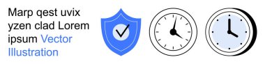 Güvenlik, zaman izleme, güvenilirlik, dakiklik, programlama, koruma. Üzerinde işaret olan mavi bir kalkan, iki analog saat. Güvenlik ve zaman izleme kavramları görsel olarak
