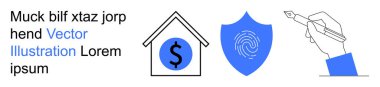 Dijital güvenlik, finansal güvenlik, kimlik doğrulama, çevrimiçi işlemler, imza yetkileri. Dolar işareti olan bir ev, parmak izi imzalı bir kalkan. Dijital