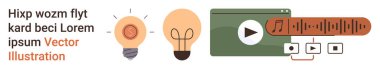 Yenilik, yaratıcılık, multimedya, eğlence, ses analizi, içerik oluşturma. Ampul fikirlerinin simgeleri ve ses dalgalı multimedya oynatıcısı. Yenilik ve multimedya kavramı