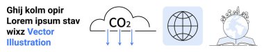 İklim değişikliği, çevresel sürdürülebilirlik, küresel bağlantı, CO2 emisyonları, eğitim, ekolojik farkındalık. Karbondioksit yayan bulut, dünya ikonu ve bitkilerle kitap. İklim değişikliği