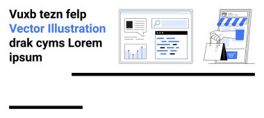 E-ticaret, dijital pazarlama, iş analizleri, online arama, tüketici davranışı, alışveriş eğilimleri. Çizelgeler ve çantalarla birlikte web sayfası elemanları ve mağaza önü. E-ticaret ve dijital pazarlama kavramı