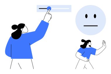 Geribildirim, duygular, kullanıcı deneyimi, tatmin anketleri, karar verme, davranış çalışmaları. Bir kişi sürgüyü ayarlar ve diğer jestler tarafsız bir yüz sembolünün yanında durur. Geri bildirim ve duygular