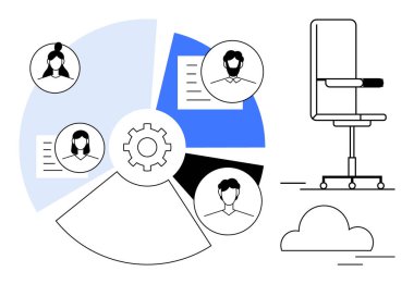 İş organizasyonu, takım yönetimi, iş gücü yapısı, işe alım süreci, ofis akışı, uzaktan çalışma. Ofis sandalyesi olan vites ve çalışan simgeleri. İş organizasyonu ve takım yönetimi