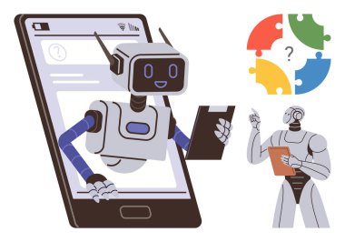 Yapay zeka, robot bilimi, problem çözme, dijital iletişim, yenilik ve teknoloji. Elinde bir not panosuyla akıllı telefondan gülümseyen bir robot beliriyor.
