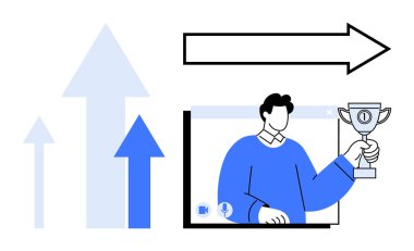 Yukarı ve ileri oklar arasında, büyümeyi, başarıyı, başarıyı ve dijital tanımayı sembolize eden video ekranında kupa tutan kişi. Yenilik, liderlik, iş büyümesi için ideal