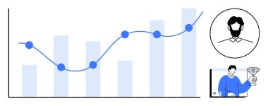 Veri tablosunda, profil avatarı ve elinde kupa tutan bir kişinin eşlik ettiği büyüme eğilimini gösteren noktalar yer alıyor. İş analizi, performans takibi, kariyer başarıları için ideal