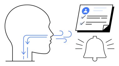 Hava akışı hatları olan profil başı, kullanıcı bilgili kontrol listesi ve hatırlatıcı için zili çal. Sağlık bilinci, üretkenlik, alarmlar, örgüt, hedefler, bildirimler ve verimlilik için ideal