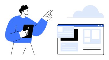 Bulut hesaplama, dijital teknoloji, çevrimiçi tarama, modern arayüz, web tasarımı, veri paylaşımı. Elinde tablet tutan bir adam bulut arkaplanındaki bir web arayüzünü işaret ediyor. Bulut hesaplama ve dijital
