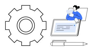 Dijital işbirliği konsepti. Dijital araçlar bir dişli, tablet ve kalem kullanımını kolaylaştırır. Dijital işbirliği üretkenliği ve yeniliği artırır. Eğitim için.