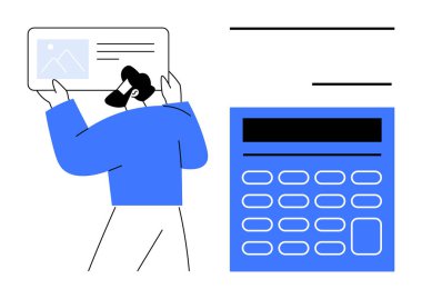 Kimlik doğrulama, veri işleme, finansal araçlar, teknoloji entegrasyonu, iş çözümleri, muhasebe kayıtları. Hesap makinesinin yanında kimlik kartı tutan kişi. Kimlik doğrulaması