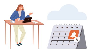 Zaman yönetimi, verimlilik, teslim tarihleri, iş planlaması, dijital organizasyon, bildirimler. Laptop ve kahveyle masada oturan bir kadın. Zaman yönetimi ve üretkenlik kavramları