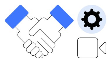 İş birliği. Tokalaşma, vites sembolü ve takım çalışması, teknoloji ve iletişimi vurgulayan video ikonu. Ortaklık, uzak çalışma, yenilik ve hizmetler için iş birliği