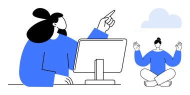 İş hayatı dengesi, farkındalık, zihinsel sağIık, verimlilik, rahatlama, dijital yaşam tarzı. Bilgisayar ekranında el kol hareketi yapan ve başka bir meditasyon yapan biri. İş-yaşam dengesi ve farkındalık kavramı