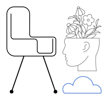 Çağdaş sandalye, çiçek açan insan kafası ve bulut çizgisi. Yaratıcılık, yenilik, zihniyet, iç tasarım, zihinsel büyüme minimalizmi için idealdir. Basit düz metafor