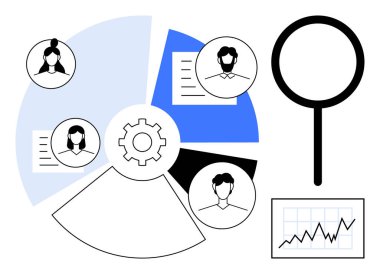 İş analizleri, takım organizasyonu, işe alım, veri görselleştirme, karar verme, piyasa araştırması. Dairesel çizelge, kullanıcı profilleri, yükselen cam büyütme grafiği. İş analizleri