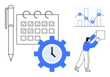 Zaman yönetimi konsepti. Zaman yönetimi takvim, saat teçhizatı ve çizelgelerle resmedilmiş. Zaman yönetimi verimliliği ve verimliliği arttırmaya yardımcı olur. İş akışı, iş planlaması, kişisel